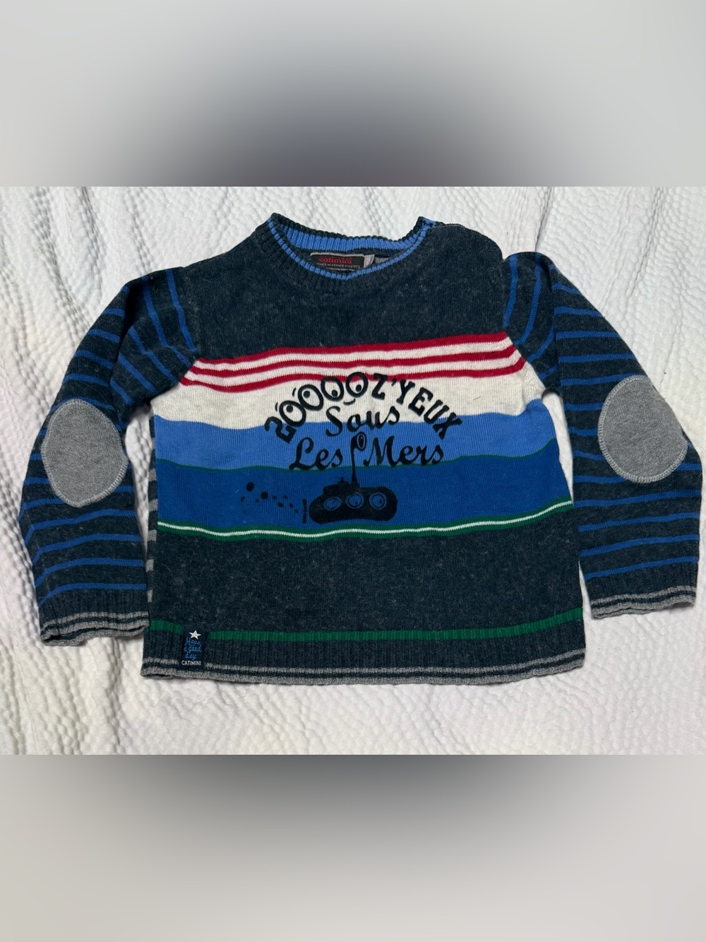 Catimini Navy, Royal Blue, White & Green Striped Sweater with Submarine Graphic
